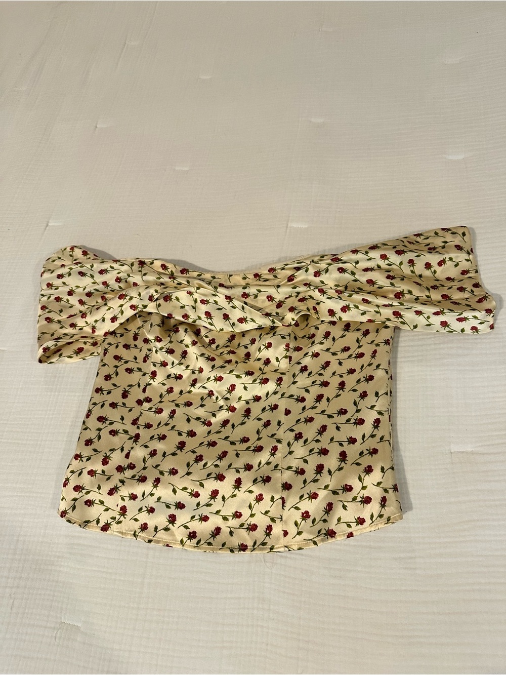 Reformation Off-Shoulder Floral Satin Crop Top in Cream with Red Rose Print